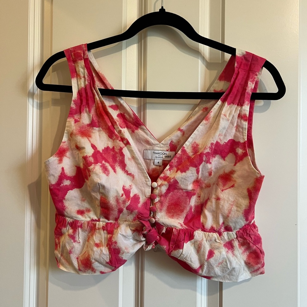Thakoon collective cropped pink and white tie top.
